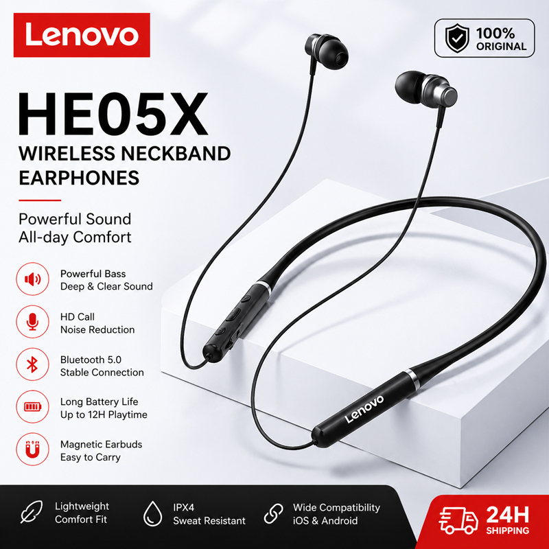 Magnetic Neckband Sports Earphones - 100% Orijinal Lenovo HE05X Bluetooth Kulaklık